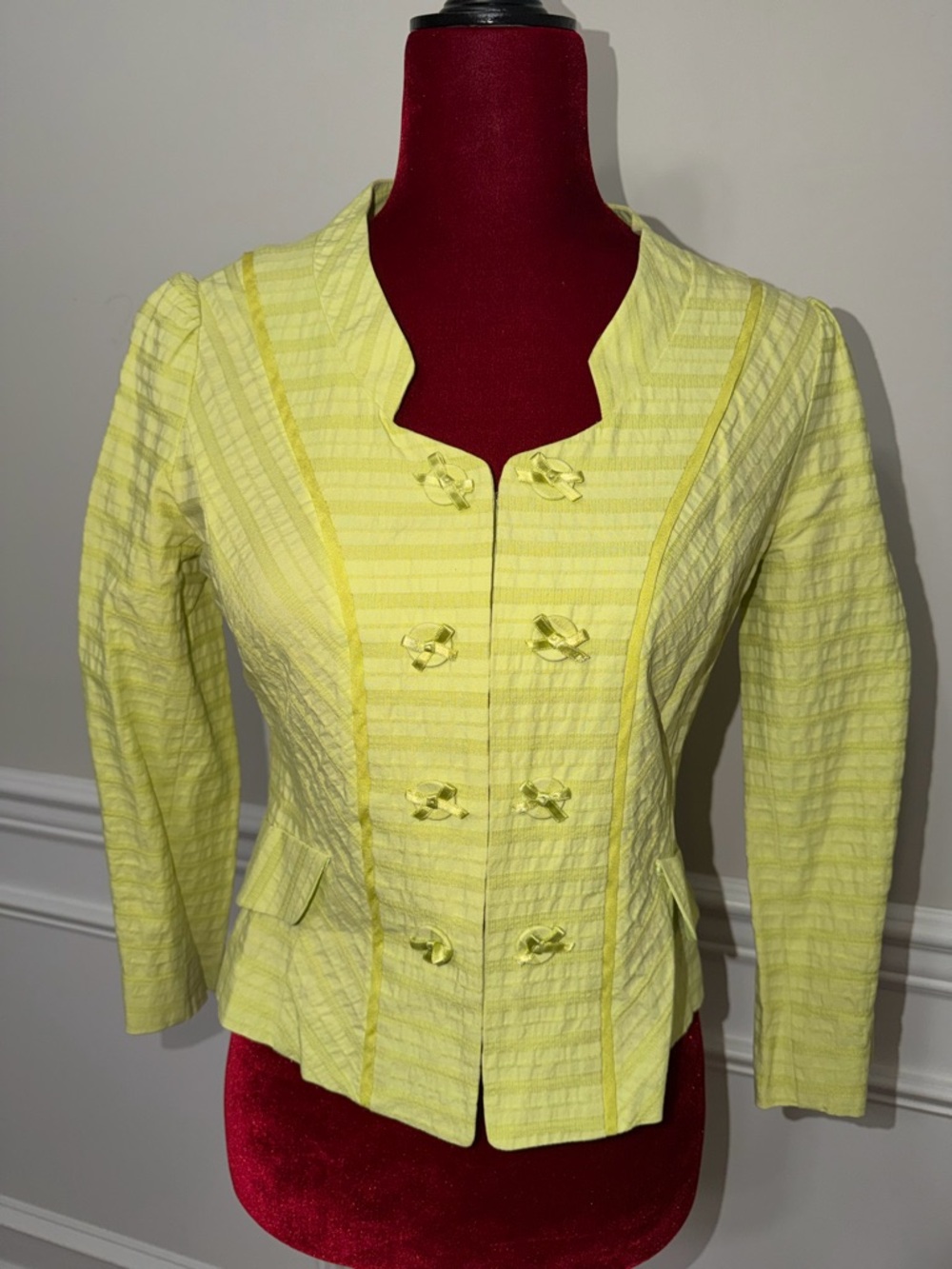 LYNN Korea Designer Yellow Seersucker Jacket‎ Bow Buttons Structured Peplum